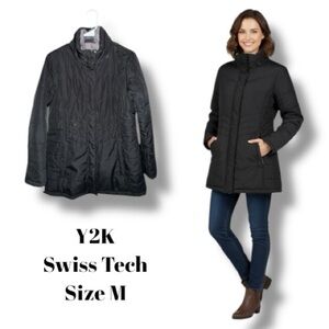 Swiss Tech Retro Black Quilted Mid-Length Puffer Jacket Fleece Collar M 8-10